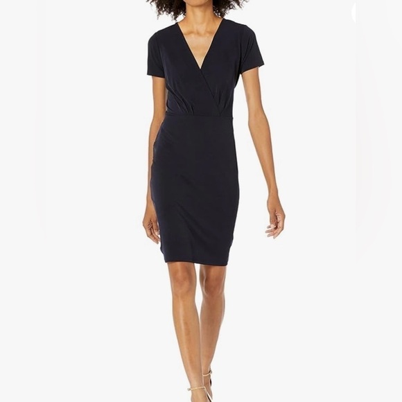 Tahari Black V-Neck Short Sleeve Waist Tie Faux Wrap Dress LBD Large - Picture 16 of 16